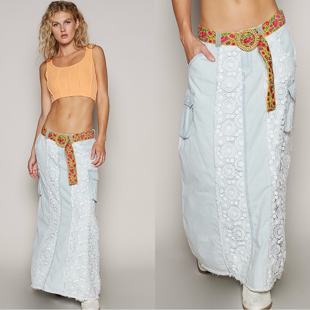 NEW POL Crochet Light Wash Denim Maxi Skirt Size Medium